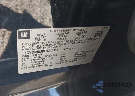 2015 Cadillac Escalade Luxury z USA, uszkodzony, nr VIN 1GYS4BKJ9FR245313